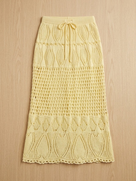 Zara Dresses & Skirts - Zara Butter Yellow Open Knit Crochet Maxi Skirt Drawstring Waist Size M